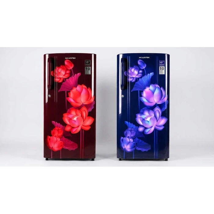 Akaritek 200L Single Door Refrigerator (A++ Energy Saving, R600a) | Toughened Glass Shelves & Anti-Bacterial Gasket Floral Fridge in Red & Blue | AKDS200 Series