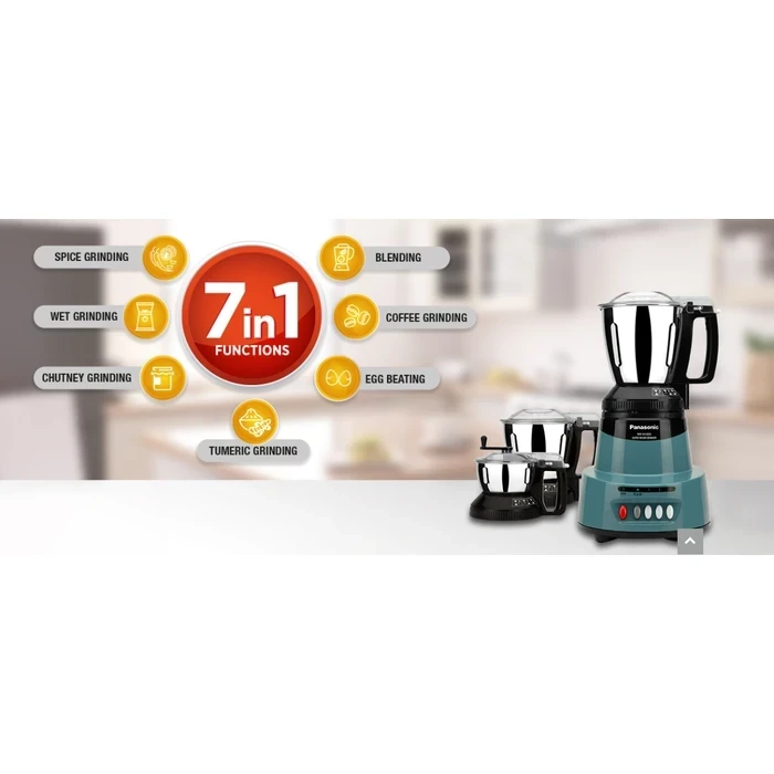 Panasonic 550W / 600W Elements Mixer Grinder with 3 Stainless Steel Jars | Mechanical Locking System High Torque Motor | Wet Dry Blending Chutney Grinding Coral Blue, Marble Silver, Marble Gold | MX-A