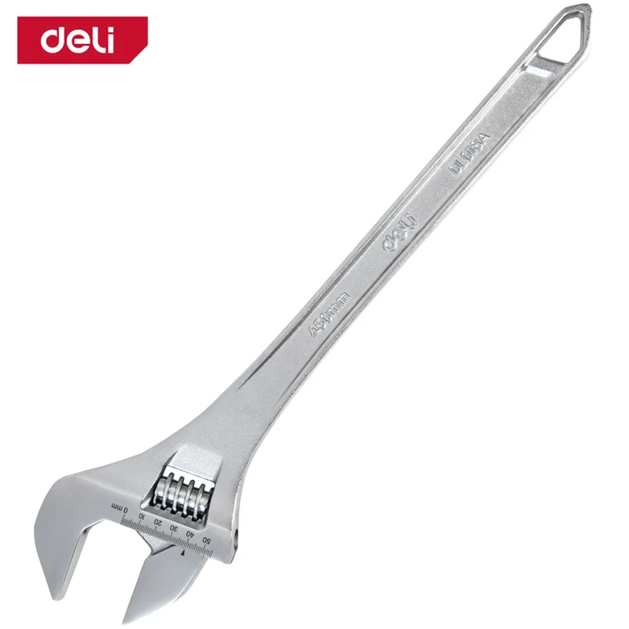 Deli 18" Professional Forged Carbon Steel Adjustable Spanner | Heavy-Duty Chrome-Plated Wrench with Precision Knurl & Laser-Etched Sizing Scale | EDL018A (Silver)