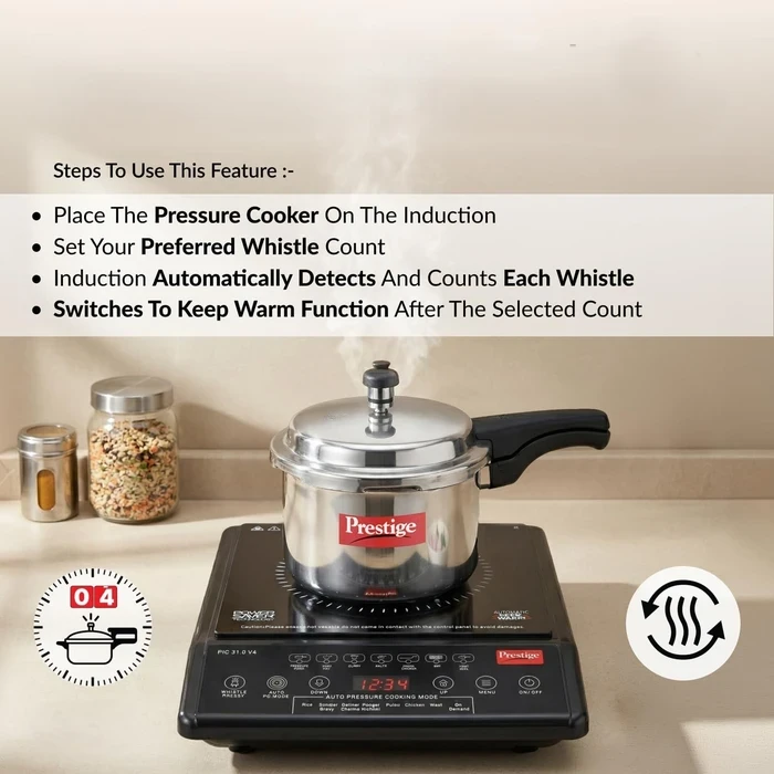 Prestige PIC 31.0 V4 2000W Induction Cooktop with Automatic Whistle Counter & Keep Warm Function | Touch Control Portable Countertop Stove - Model 41999
